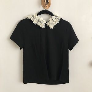 Aqua top with embellished floral collar